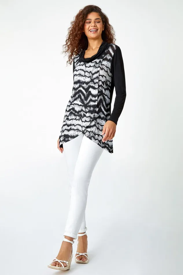 Black Abstract Print Cowl Neck Stretch Top Women Roman Tops