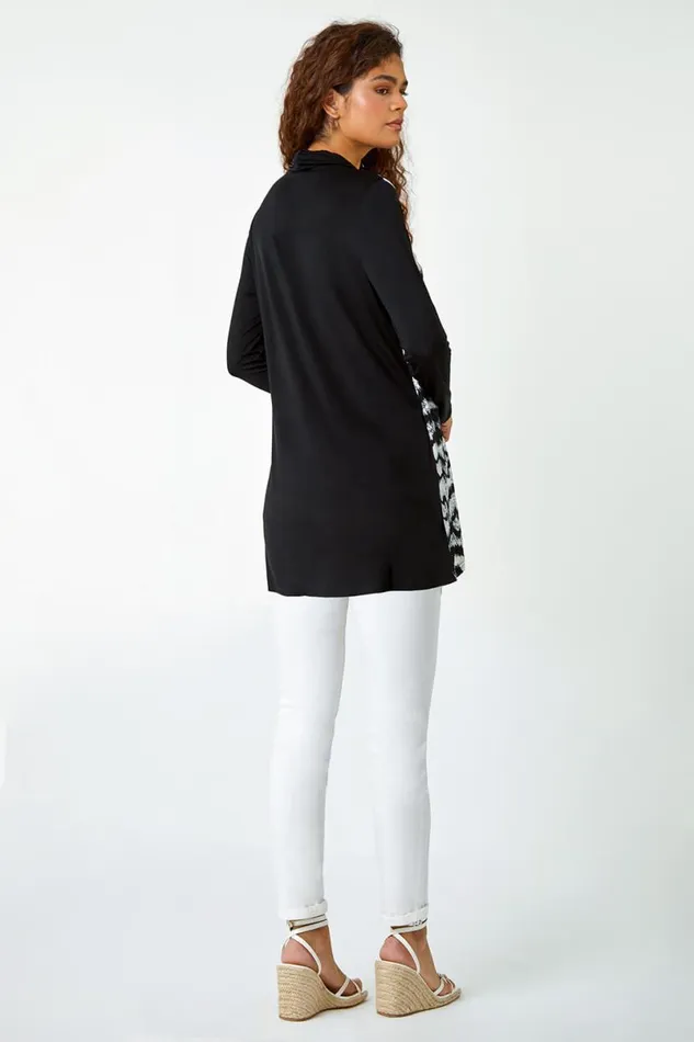 Black Abstract Print Cowl Neck Stretch Top Women Roman Tops