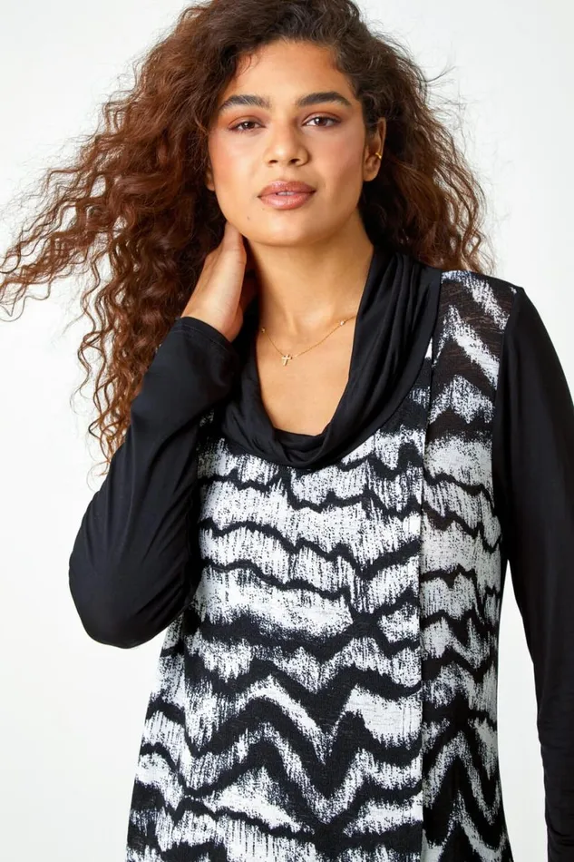 Black Abstract Print Cowl Neck Stretch Top Women Roman Tops