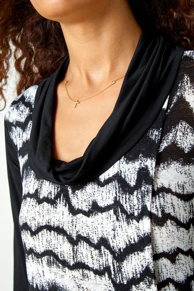 Black Abstract Print Cowl Neck Stretch Top Women Roman Tops