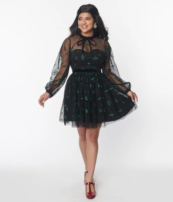 Black and Glitter Mistletoe Flare Dress DressesPlus Unique Vintage Fit and Flare