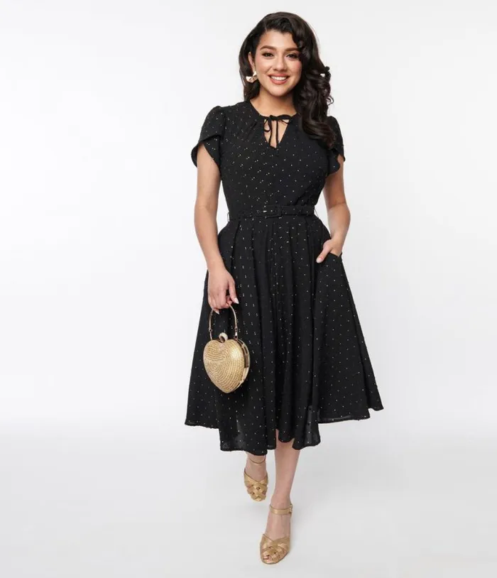 Black and Gold Clip Dot Dahlia Swing Dress DressesPlus Unique Vintage Pocket Dresses