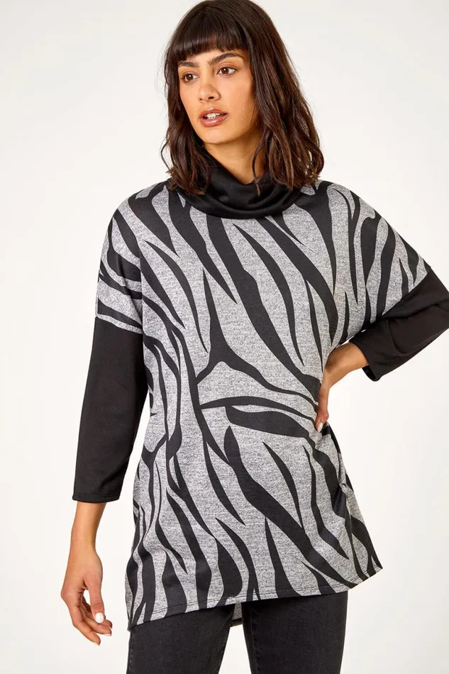 Black Animal Print Roll Neck Tunic Top Women Roman Tops