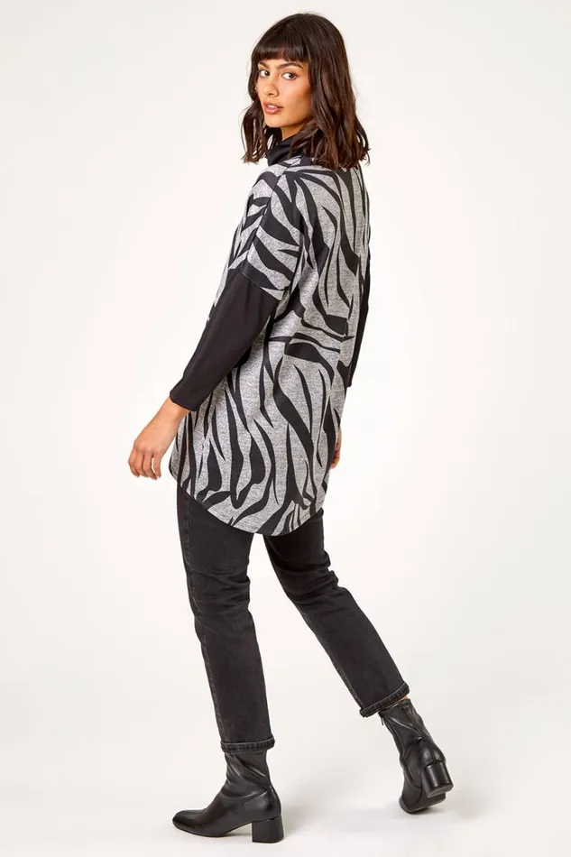 Black Animal Print Roll Neck Tunic Top Women Roman Tops
