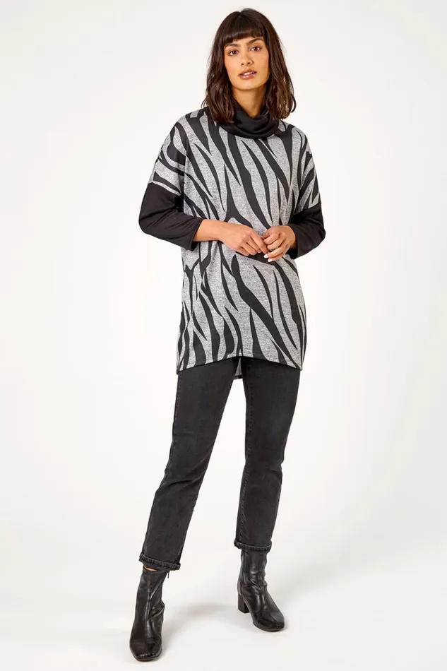 Black Animal Print Roll Neck Tunic Top Women Roman Tops