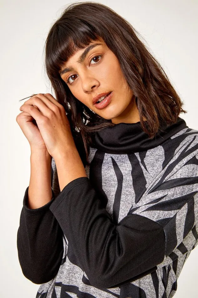 Black Animal Print Roll Neck Tunic Top Women Roman Tops