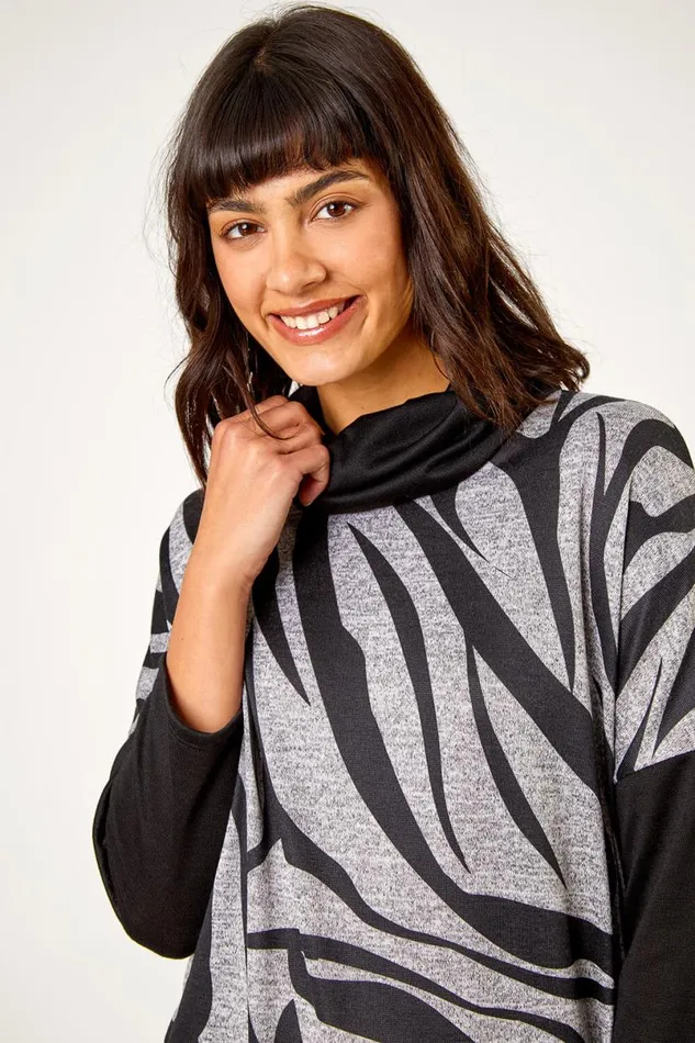 Black Animal Print Roll Neck Tunic Top Women Roman Tops