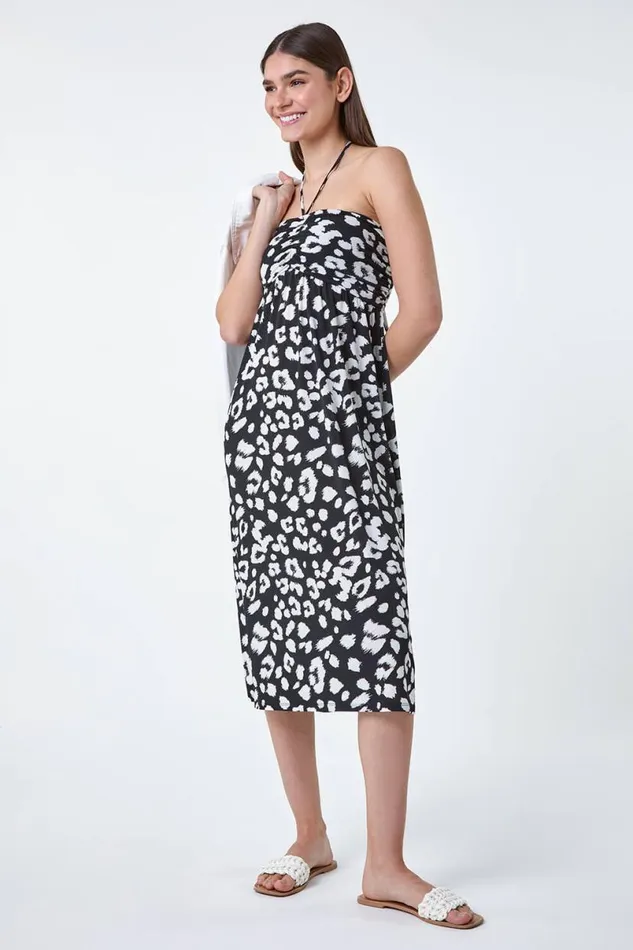Black Animal Print Stretch Bandeau Midi Dress Women Roman Dresses