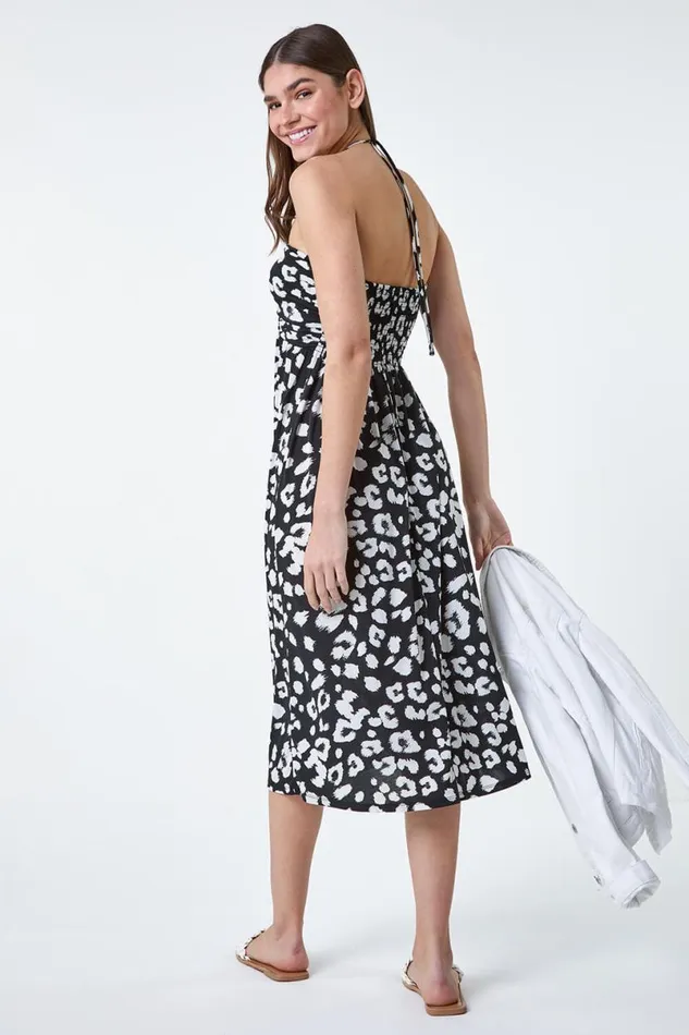 Black Animal Print Stretch Bandeau Midi Dress Women Roman Dresses