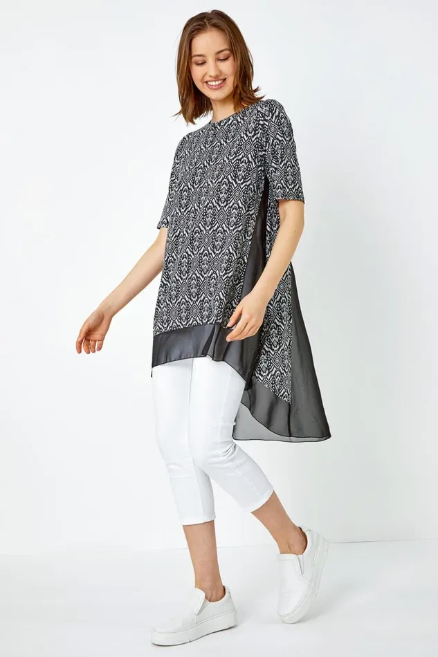 Black Aztec Chiffon Hem Stretch Tunic Top Women Roman Tops