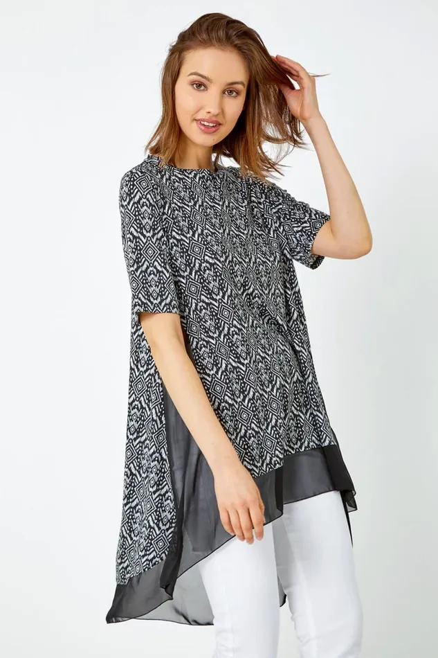 Black Aztec Chiffon Hem Stretch Tunic Top Women Roman Tops