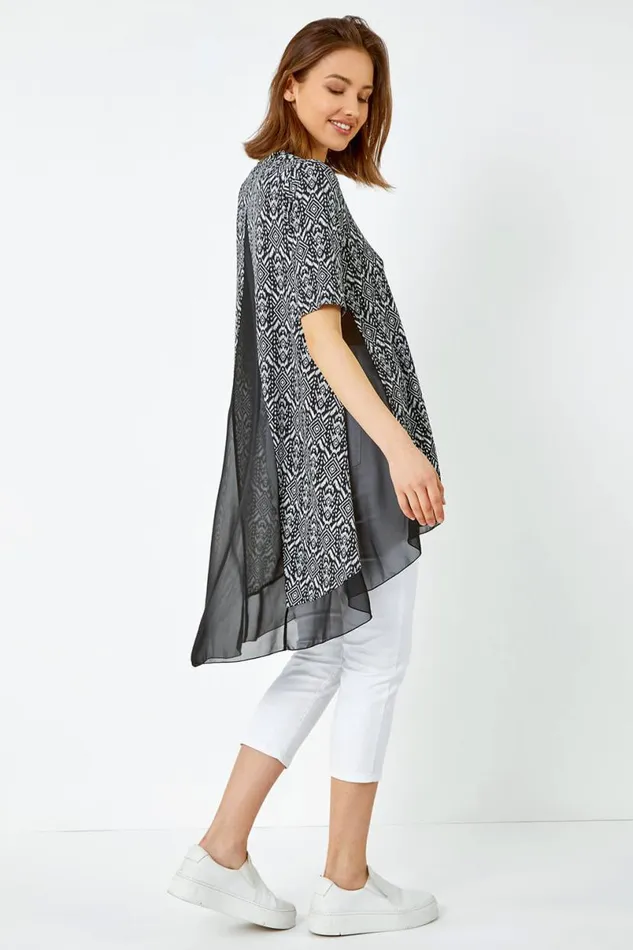 Black Aztec Chiffon Hem Stretch Tunic Top Women Roman Tops
