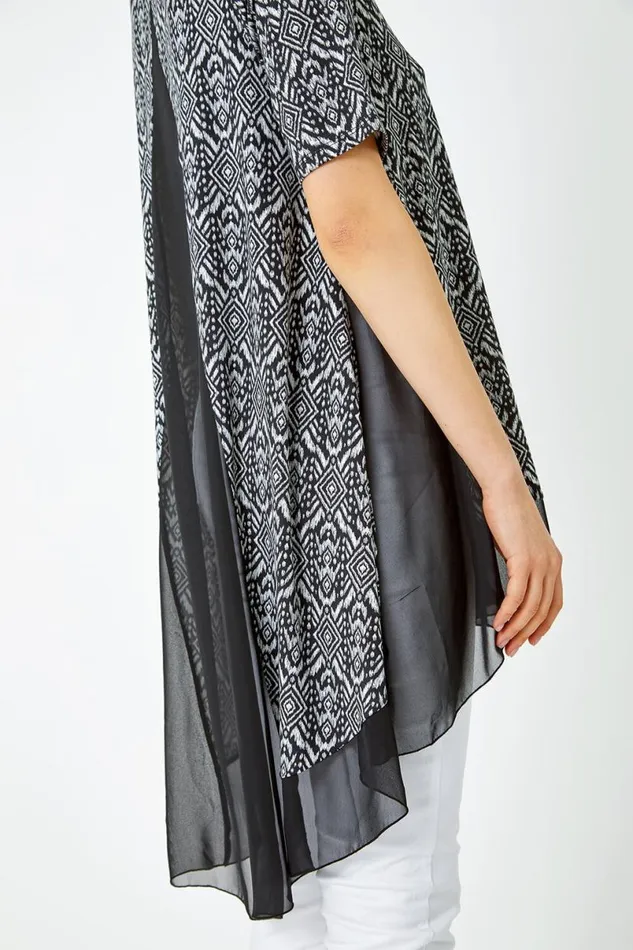 Black Aztec Chiffon Hem Stretch Tunic Top Women Roman Tops