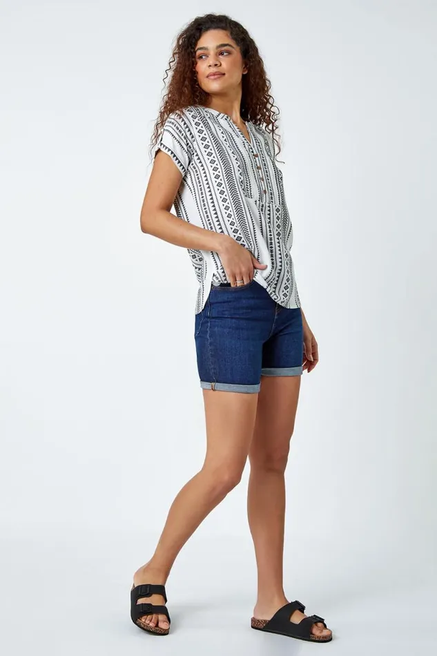 Black Aztec Print Button VNeck Detail Top Women Roman Tops