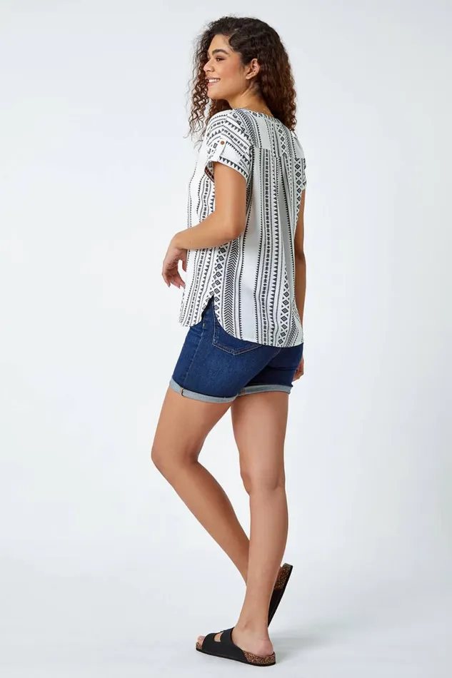 Black Aztec Print Button VNeck Detail Top Women Roman Tops