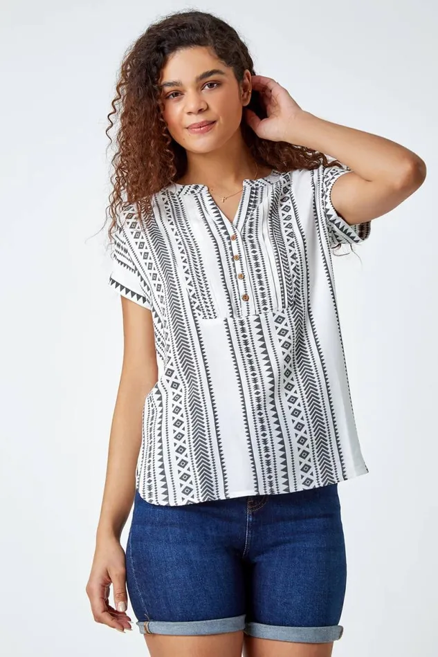 Black Aztec Print Button VNeck Detail Top Women Roman Tops