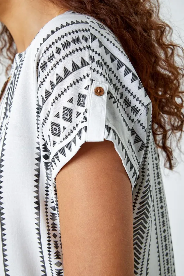 Black Aztec Print Button VNeck Detail Top Women Roman Tops