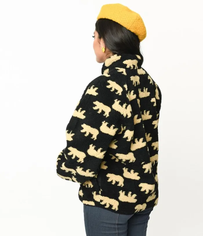 Black Bear Print Fleece Jacket Clothing Unique Vintage Coats and Jackets