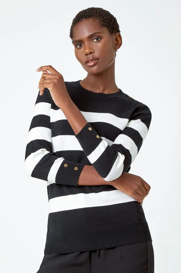 Black Button Detail Stripe Print Jumper Women Roman Knitwear