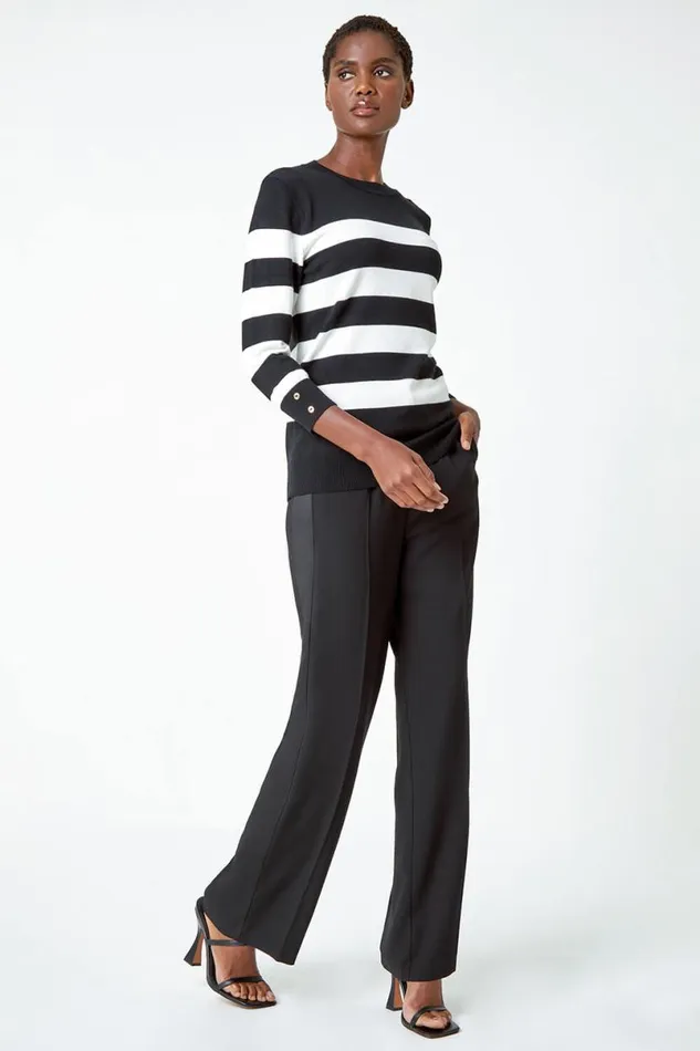 Black Button Detail Stripe Print Jumper Women Roman Knitwear