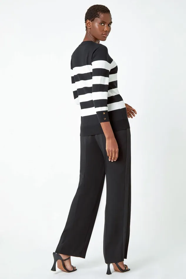Black Button Detail Stripe Print Jumper Women Roman Knitwear