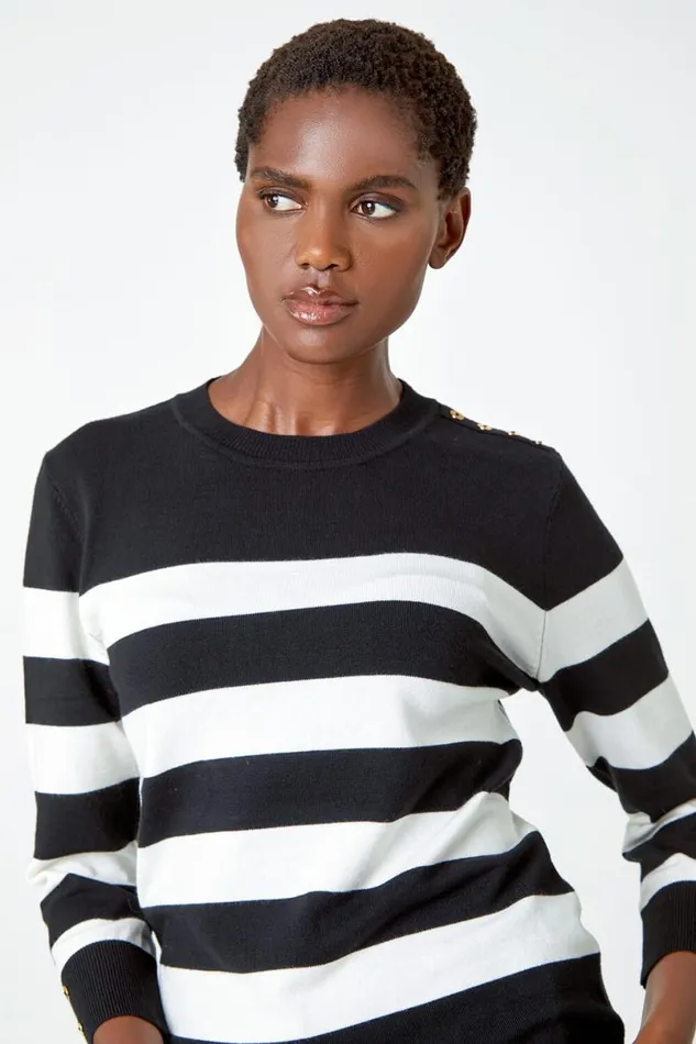 Black Button Detail Stripe Print Jumper Women Roman Knitwear