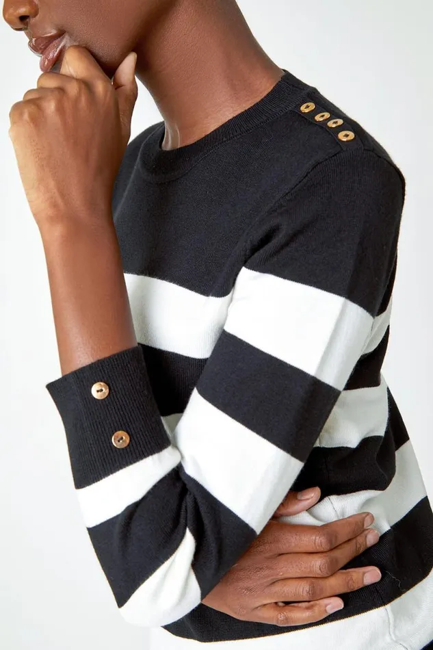 Black Button Detail Stripe Print Jumper Women Roman Knitwear
