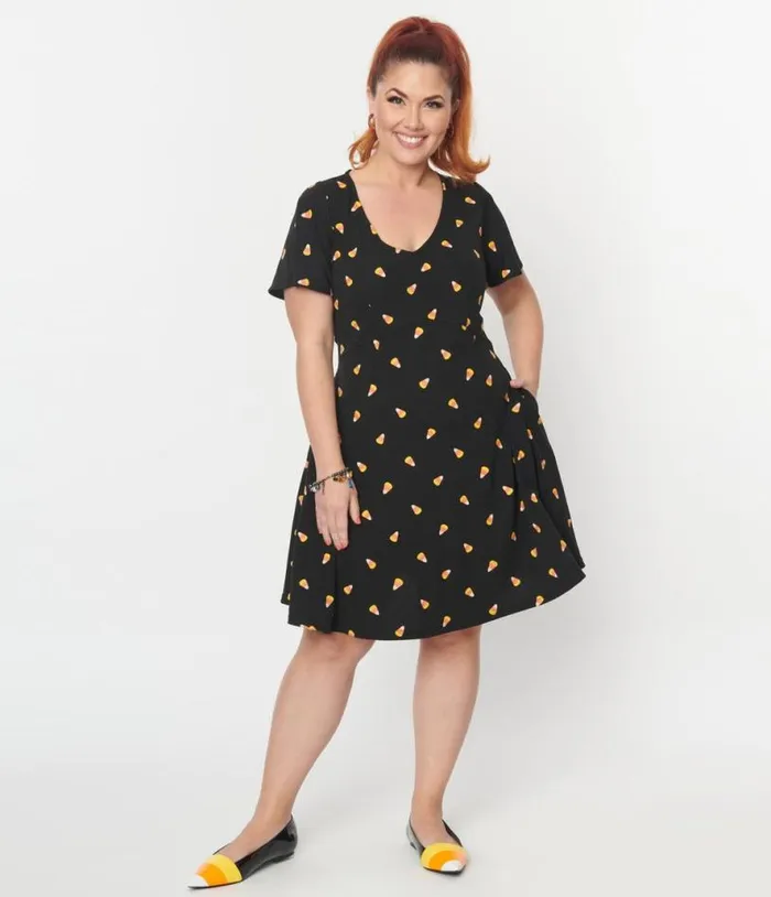 Black Candy Corn Print Poppy Flare Dress DressesPlus Unique Vintage Pocket Dresses
