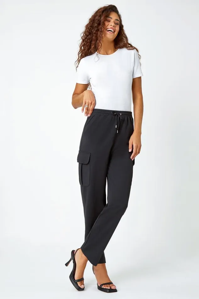 Black Cargo Tie Waist Stretch Jogger Women Roman Trousers