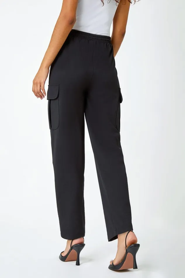 Black Cargo Tie Waist Stretch Jogger Women Roman Trousers