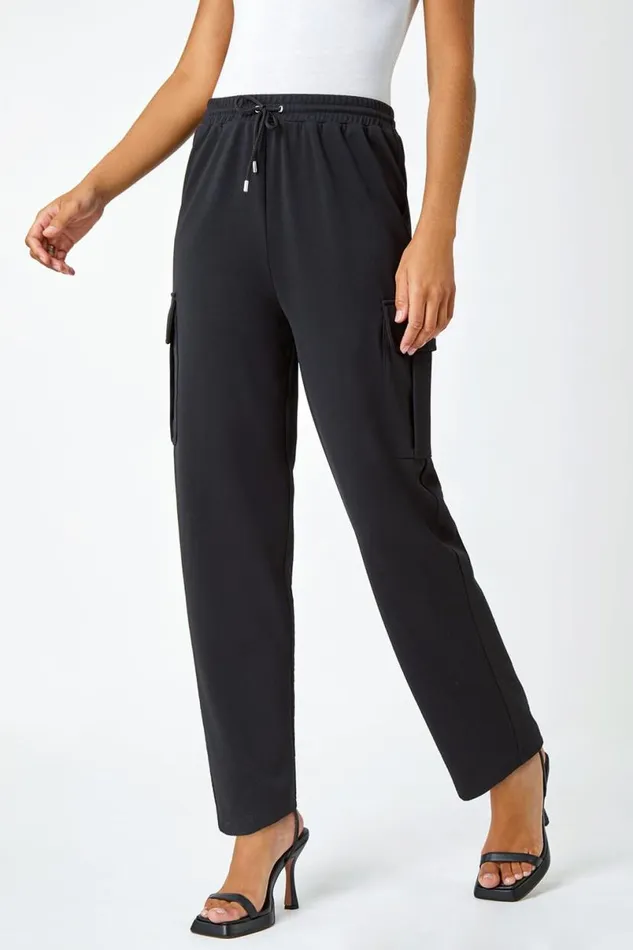 Black Cargo Tie Waist Stretch Jogger Women Roman Trousers
