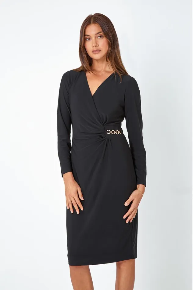 Black Chain Detail Wrap Stretch Midi Dress Women Roman Dresses