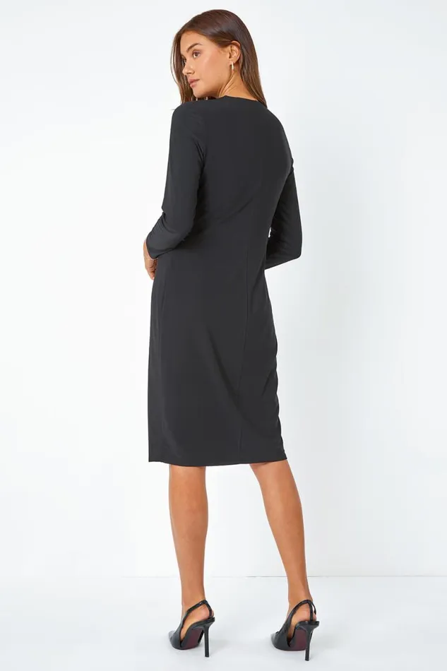 Black Chain Detail Wrap Stretch Midi Dress Women Roman Dresses