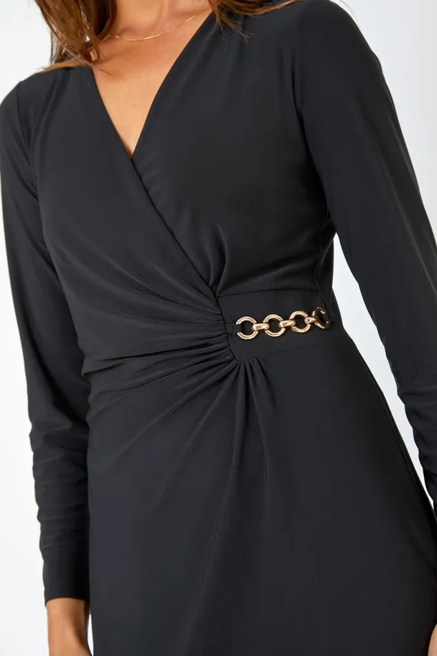 Black Chain Detail Wrap Stretch Midi Dress Women Roman Dresses