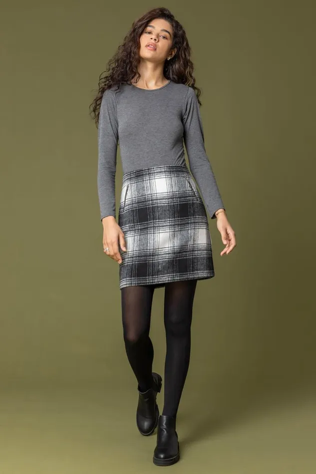 Black Checked Zip Detail Brushed A Line Skirt Women Roman Skirts