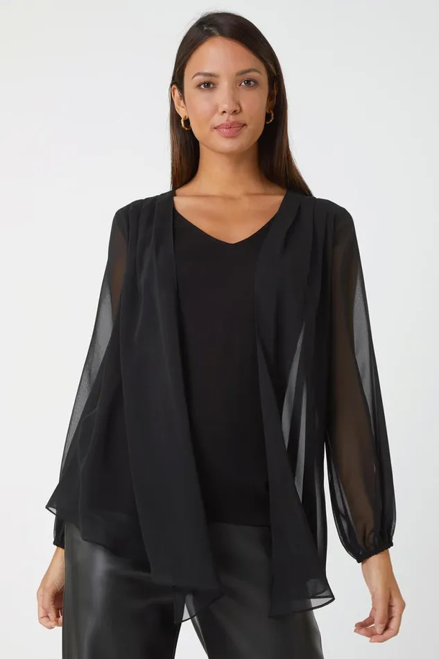 Black Contrast Chiffon Overlay Stretch Top Women Roman Tops