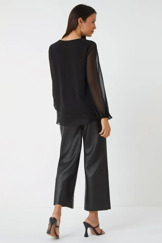 Black Contrast Chiffon Overlay Stretch Top Women Roman Tops
