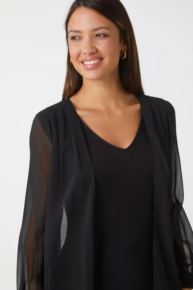 Black Contrast Chiffon Overlay Stretch Top Women Roman Tops