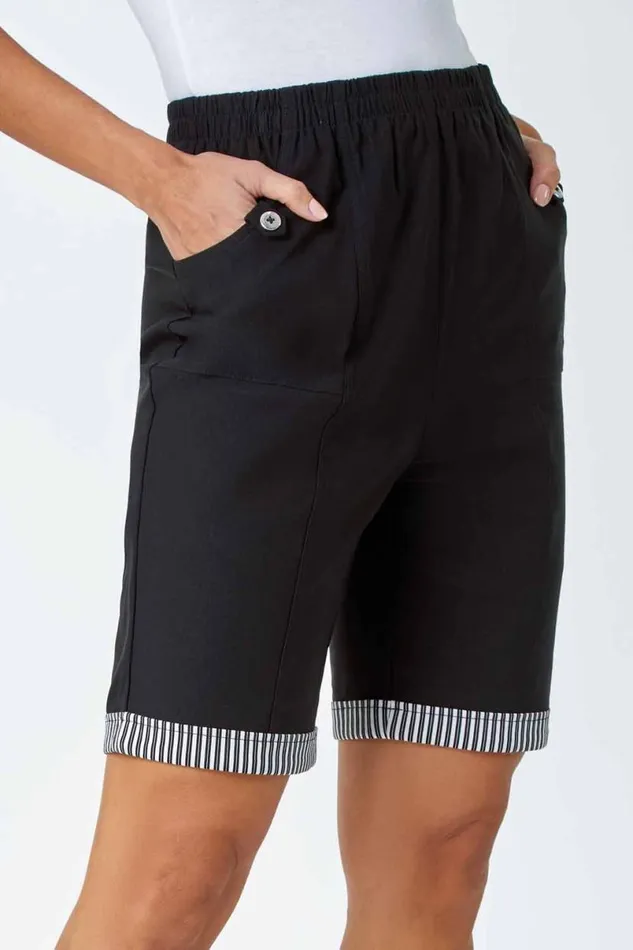 Black Contrast Detail Elastic Waist Stretch Shorts Women Roman Trousers