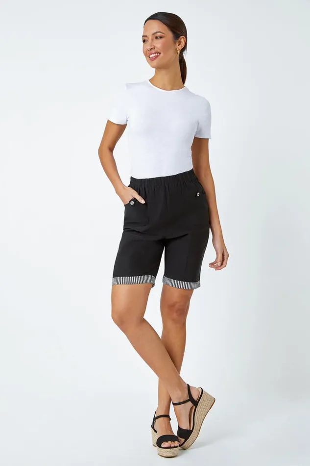 Black Contrast Detail Elastic Waist Stretch Shorts Women Roman Trousers