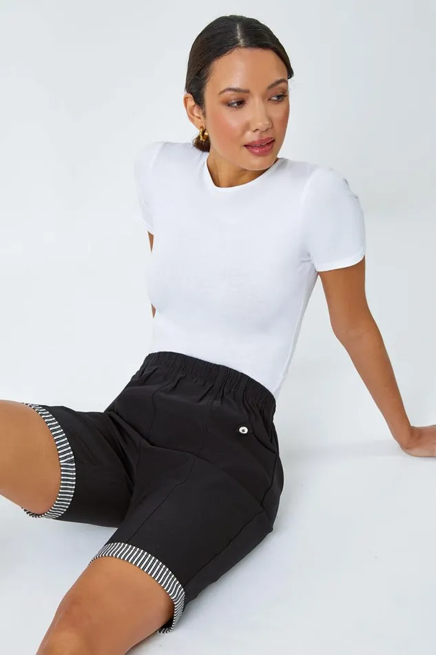 Black Contrast Detail Elastic Waist Stretch Shorts Women Roman Trousers