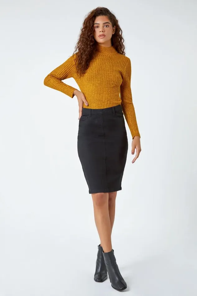 Black Cotton Denim Stretch Skirt Women Roman Skirts