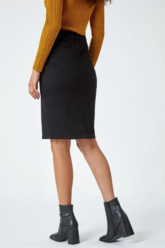 Black Cotton Denim Stretch Skirt Women Roman Skirts