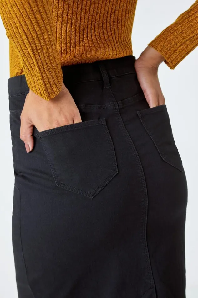 Black Cotton Denim Stretch Skirt Women Roman Skirts