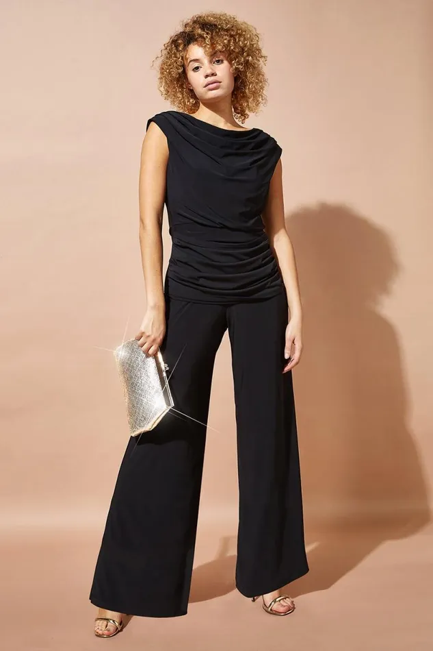 Black Cowl Neck Ruched Stretch Jumpsuit Women Roman Dresses