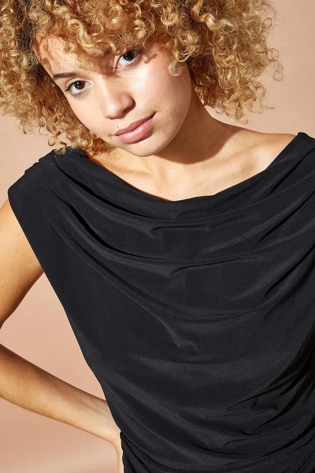 Black Cowl Neck Ruched Stretch Jumpsuit Women Roman Dresses