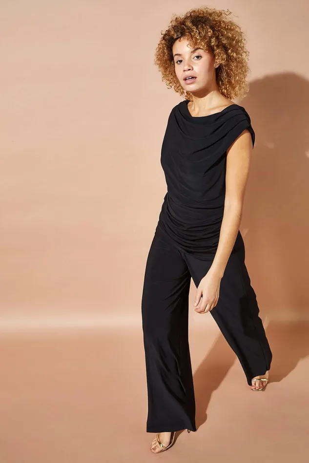 Black Cowl Neck Ruched Stretch Jumpsuit Women Roman Dresses