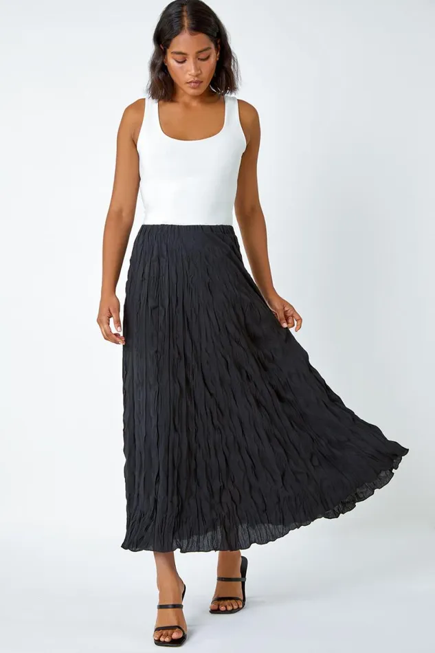 Black Crinkle Textured Elastic Waist A Line Midi Skirt Women Roman Skirts
