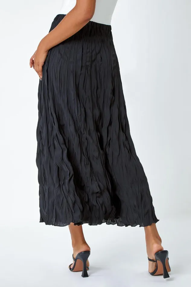 Black Crinkle Textured Elastic Waist A Line Midi Skirt Women Roman Skirts