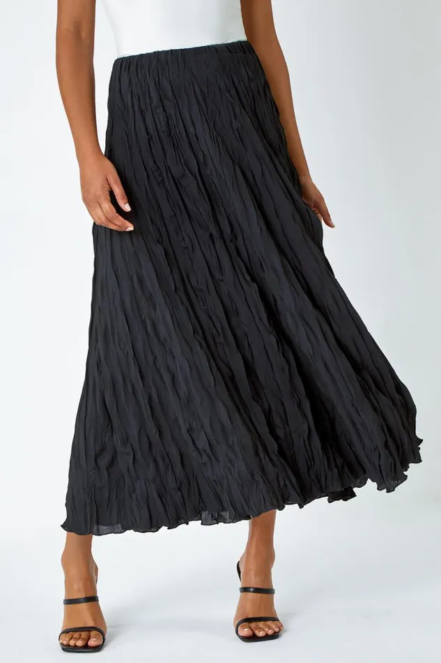 Black Crinkle Textured Elastic Waist A Line Midi Skirt Women Roman Skirts